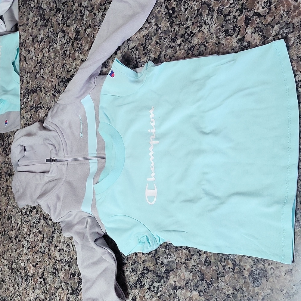 Champion 2T kids gray/baby blue hoodie with matching t-shirt new wot polyester